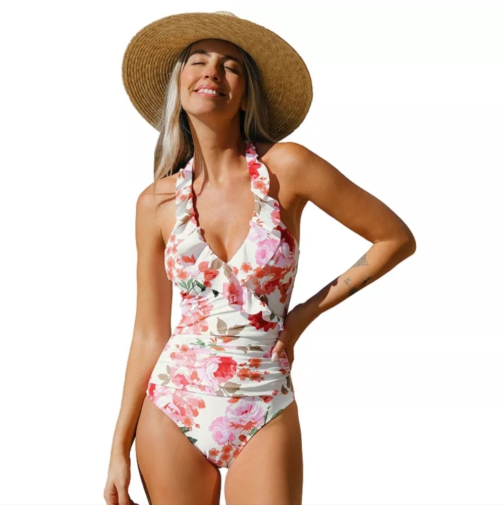 NWT Cupshe Soft Bloom Tummy Control Halter Neck One Piece Swimsuit Size M